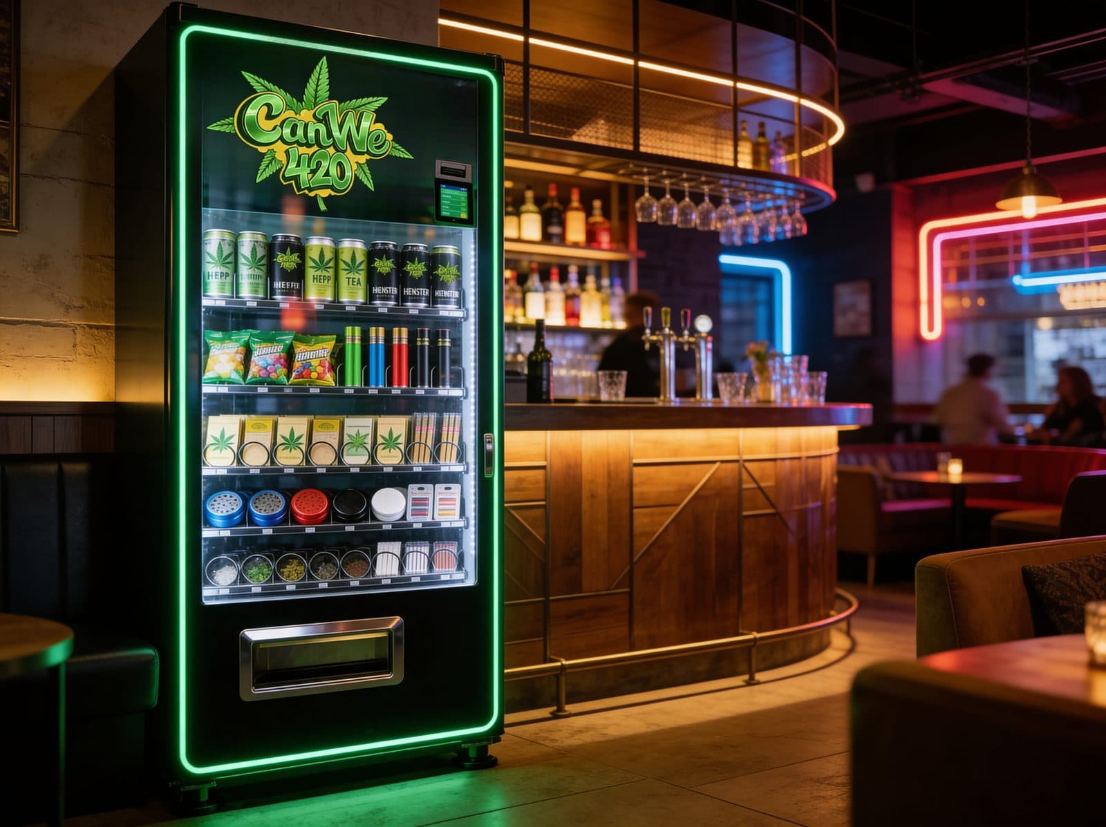 CanWe420 Automat mit grünem LED-Rahmen in einer Bar
